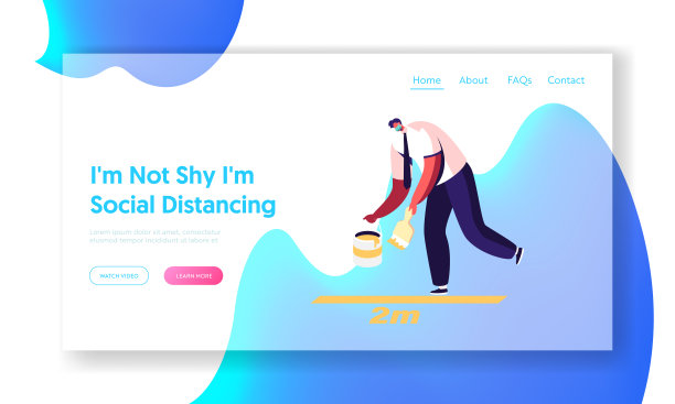 冠状病毒大流行期间的社交距离登陆页面模板。人物戴面具画防伪标记图片下载