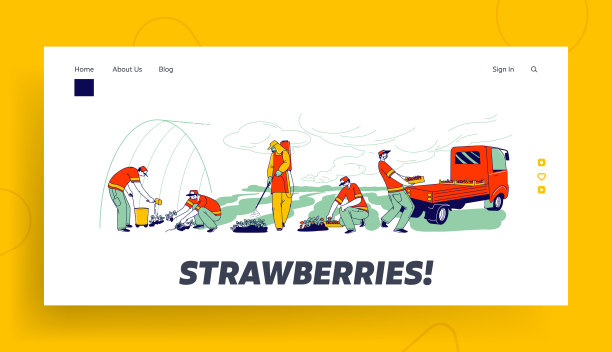 草莓农场工人照顾，采摘和装载新鲜浆果登陆页面模板。草莓地里的移民图片下载
