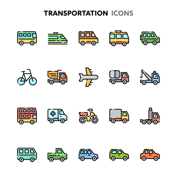 交通图标集。Linelo颜色系列。图片下载