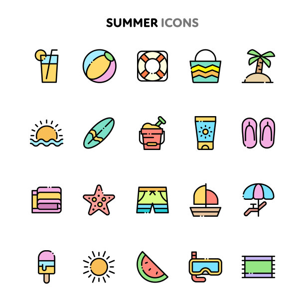 夏天的图标集。Linelo颜色系列。图片下载