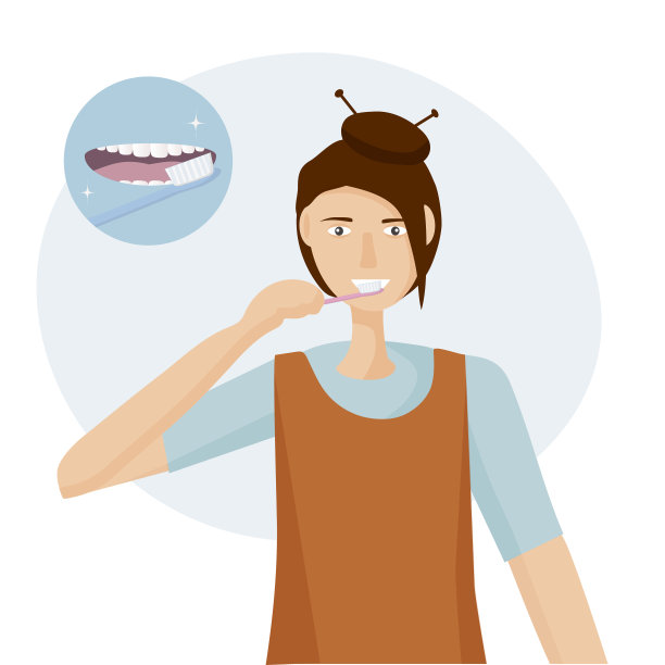 女人用牙刷刷牙，张开嘴露出舌头和洁白的牙齿，口腔卫生日常护理概念，扁平风格矢量插画图片下载