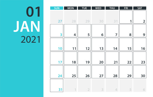 2021年1月日历计划-矢量插图。模板。模拟。图片下载