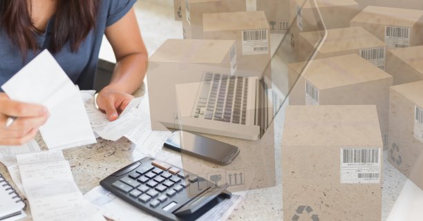 一个白种女人用笔记本电脑在网上买一堆盒子图片下载