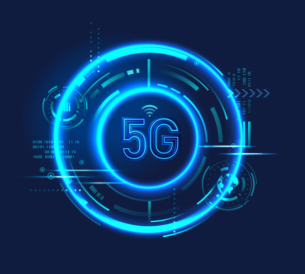 5G技术标志图标与数字电路，霓虹灯，未来Hud矢量。无线高速互联网连接。移动网络背景为标准电信。图片下载