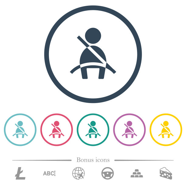 汽车安全带警告指示灯用圆形轮廓平色图标表示图片下载