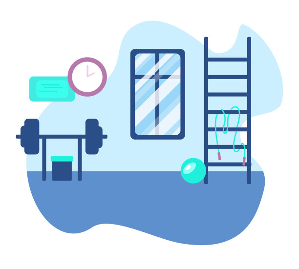 平面卡通健身室内与剪影运动设备。图片下载