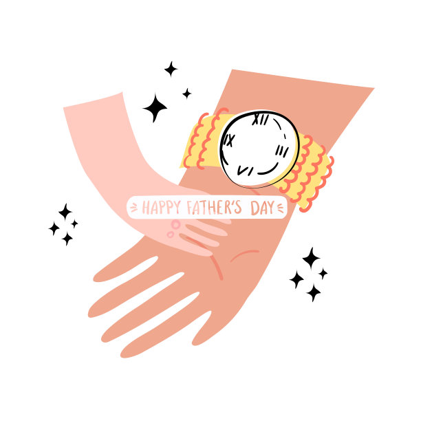 男爸爸有力的手拿着手表，牵着小孩子的手。素材图片