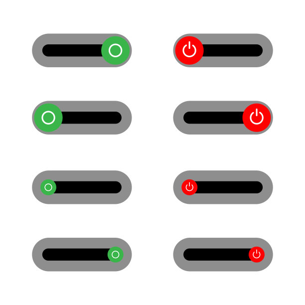 设置8开关闭滑块风格的电源按钮与银色背景。“关闭”按钮包含在一个红色圆圈中，“打开”按钮包含在一个绿色圆圈中，其中一个滑块从红色变为绿色。图片下载