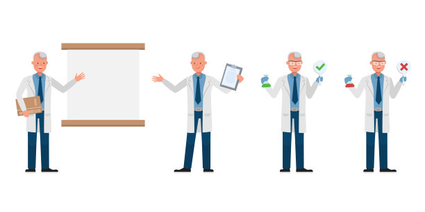 人类科学家角色矢量设计。在各种动作中的表现。图片下载