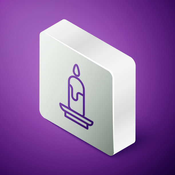等距线燃烧蜡烛图标孤立在紫色背景。圆柱形蜡烛棒与燃烧的火焰。银色方形按钮。矢量图图片下载