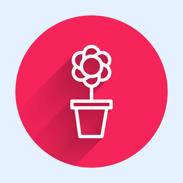 白色线花在盆图标孤立与长影子。盆栽植物。盆栽植物标志。红色圆圈按钮。矢量图图片下载