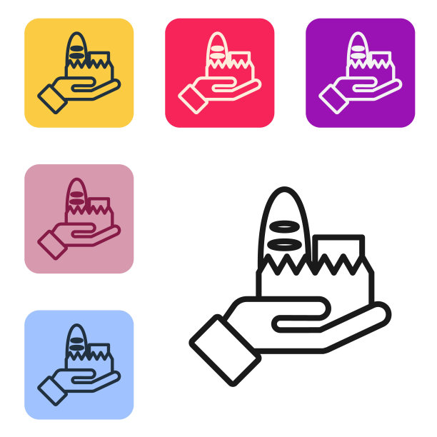 白色背景上孤立的在线订餐和快餐外卖图标。设置图标的颜色方形按钮。矢量图图片下载