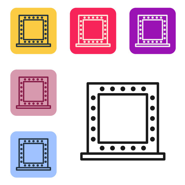 黑色线化妆镜与灯光图标孤立在白色背景。设置图标的颜色方形按钮。矢量图图片下载