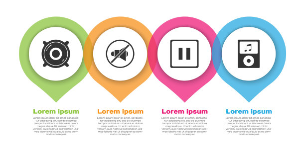 设置立体声扬声器，扬声器静音，暂停按钮和音乐播放器。业务信息模板。向量图片下载