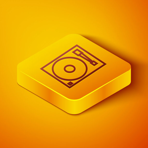 等距线乙烯基播放器与乙烯基磁盘图标隔离在橙色背景。黄色正方形按钮。矢量图图片下载