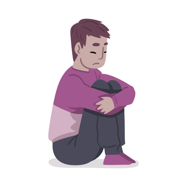 抑郁的家伙坐在地板上拥抱他的膝盖，心理健康问题，心理障碍概念卡通风格矢量插图图片下载