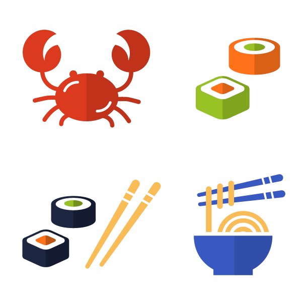 矢量插图的螃蟹，寿司卷和面条。平面图标的外卖食品为网上商店。海鲜和亚洲美食。图片下载