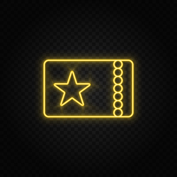 黄色霓虹灯图标电影，表演，门票。透明背景。黄色霓虹矢量图标图片下载