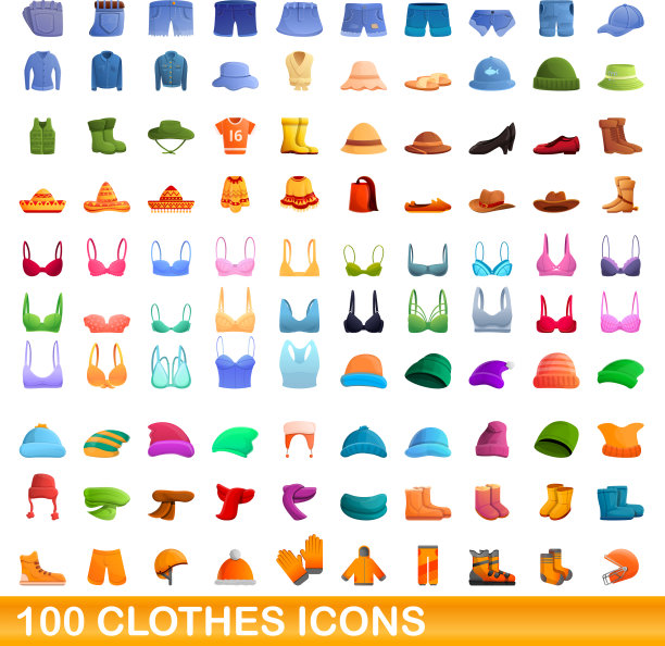 100个服装图标，卡通风格图片下载