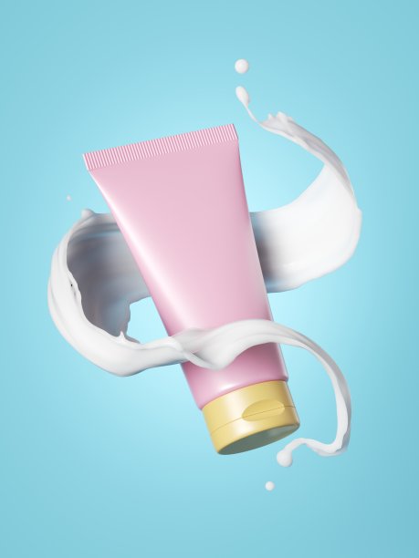 3d渲染，粉红色奶油管与黄色盖子内悬浮在白色液体飞溅隔离在蓝色背景。化妆品横幅模板，包装护肤产品，品牌概念图片下载
