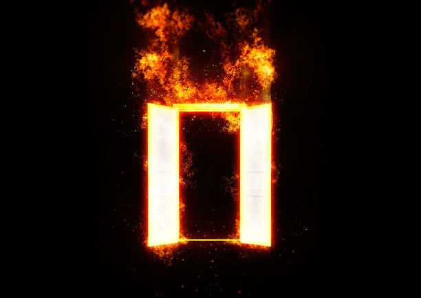 三维插图的门包裹在燃烧的火焰图片下载