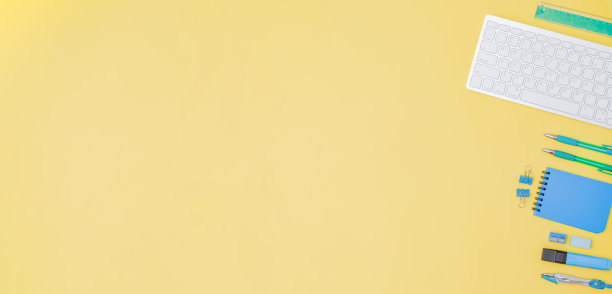 以黄色为背景，用学校用品铺平的边框图片下载