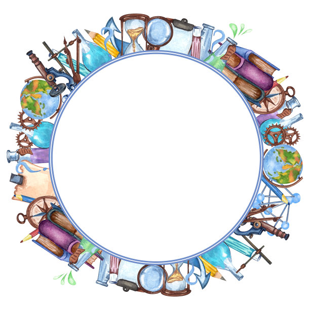 水彩画科学实验设备框架，显微镜，放大镜，沙漏，化学工具，书籍。手绘插图。学校的花环图片下载