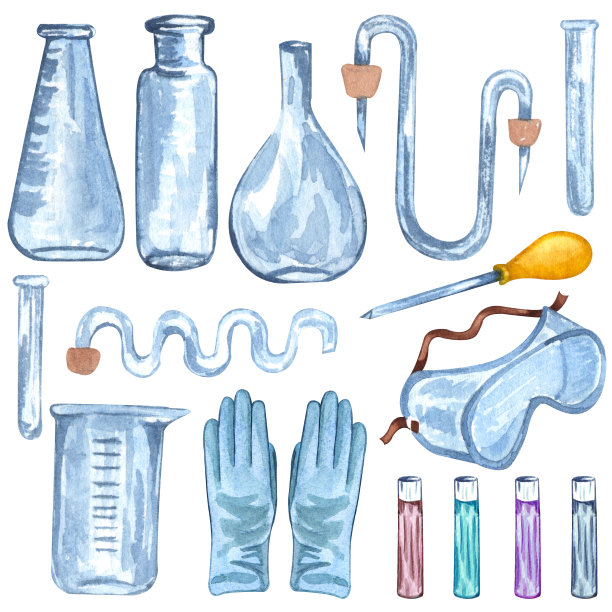 水彩化学实验设备的管和玻璃。手绘插图。学校设置图片下载