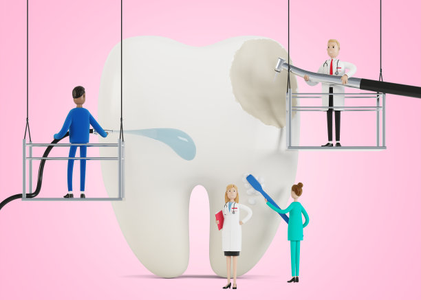 牙医清洁，治疗疼痛的牙齿。医生清理、钻牙菌斑和蛀牙。牙科工作的概念。3D插图卡通风格。图片下载