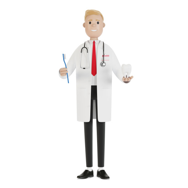 医生手里拿着牙刷和一颗牙齿。牙齿治疗和口腔卫生。3D插图卡通风格。图片下载