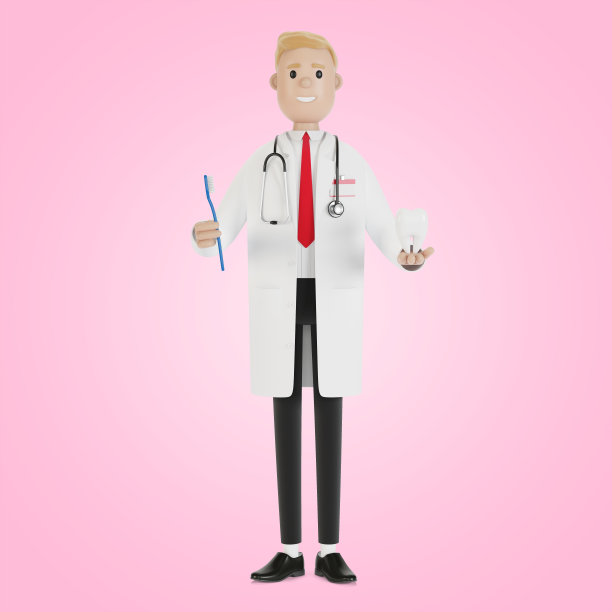 医生手里拿着牙刷和一颗牙齿。牙齿治疗和口腔卫生。3D插图卡通风格。图片下载