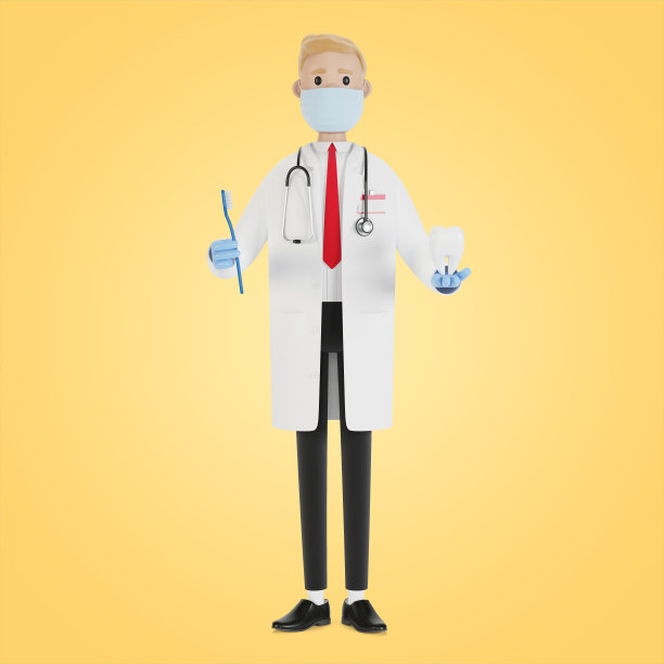 医生手里拿着牙刷和一颗牙齿。牙齿治疗和口腔卫生。3D插图卡通风格。图片下载