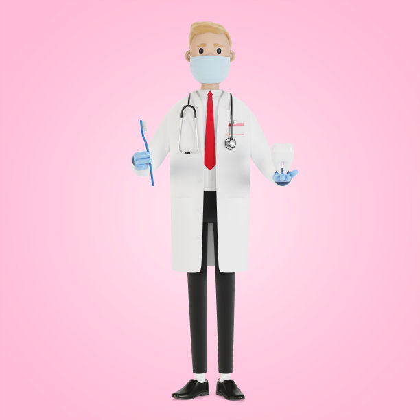 医生手里拿着牙刷和一颗牙齿。牙齿治疗和口腔卫生。3D插图卡通风格。图片下载