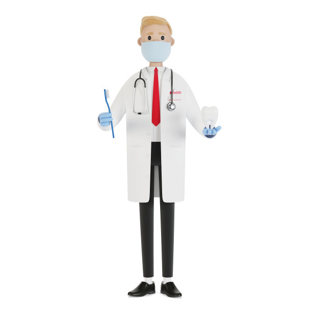 医生手里拿着牙刷和一颗牙齿。牙齿治疗和口腔卫生。3D插图卡通风格。图片下载