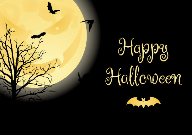 愤怒的满月，飞舞的蝙蝠和黑色背景上的剪影。图片下载