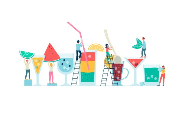 小人制作冷饮和鸡尾酒，平面矢量插图孤立。图片下载