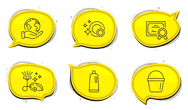 洗发水，吸尘器和水桶图标设置。干净的盘子。向量图片下载