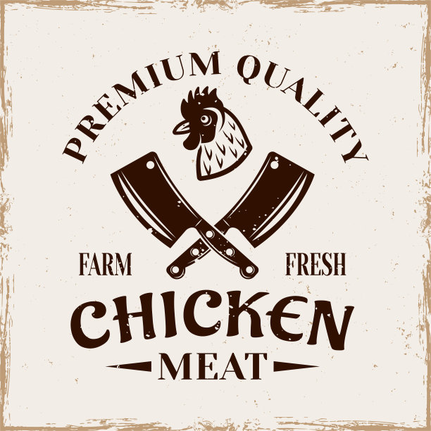 鸡头和交叉肉屠夫刀矢量徽章，标签，徽章或标志在复古风格的背景与垃圾纹理图片下载