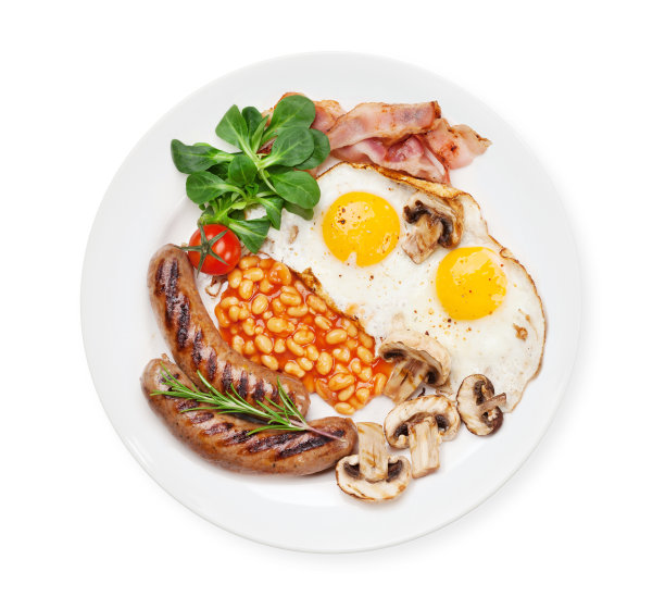英式早餐。煎蛋，香肠，熏肉图片下载