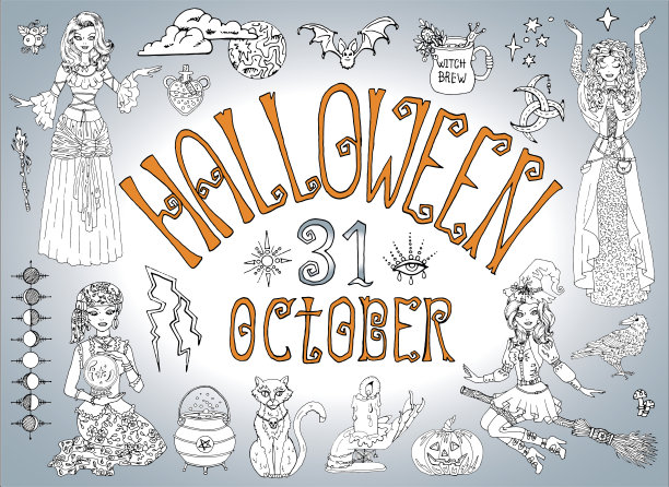 万圣节系列与美丽的女巫女孩穿着吉普赛和预言家服装。图片下载