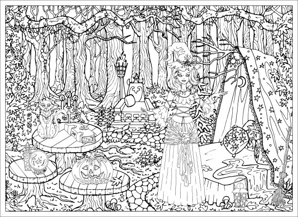 美丽的女巫女孩与神秘的动物在她的房子在森林户外。图片下载