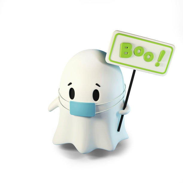 可爱友好的幽灵在医疗面具的3D渲染插图。在白色背景上孤立的Boo标志上的题词。万圣节快乐横幅或派对邀请图片下载