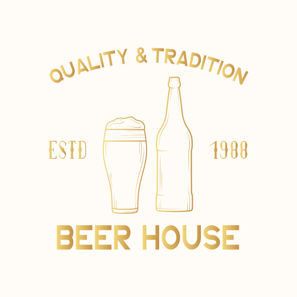 啤酒屋的金色标签，徽章。带有泡沫杯和酒瓶的酒吧标志。矢量插图与黄金vintage品牌设计。图片下载