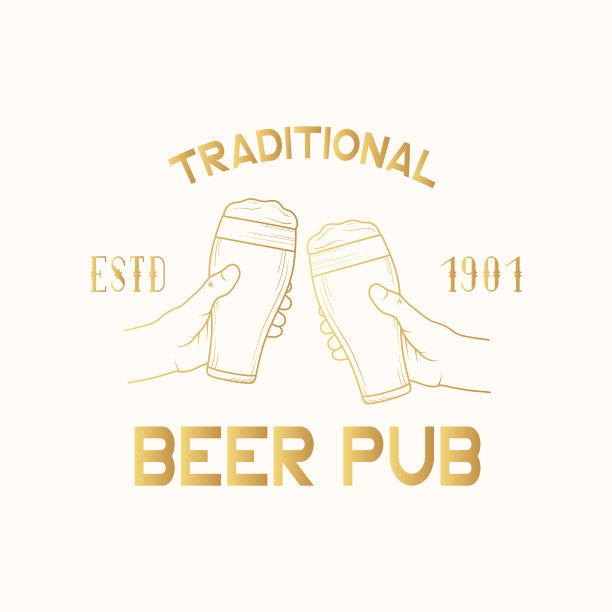 啤酒酒吧金字招牌，警徽。酒吧标志，手与泡沫玻璃碰杯。矢量插图与黄金vintage品牌设计。图片下载