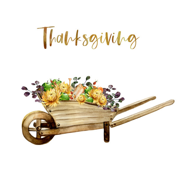 水彩画的古董木轮手推车与黄色菊花，绿色苹果，喷壶和秋天的树枝。图片下载