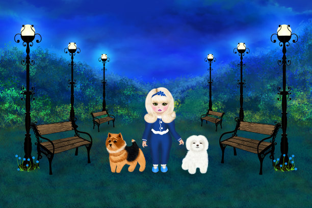 金发女孩在美丽的夜景公园遛两条狗图片下载