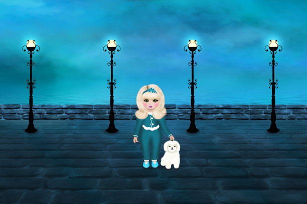 金发女孩和一只白色的狗在绿松石色的海边图片下载