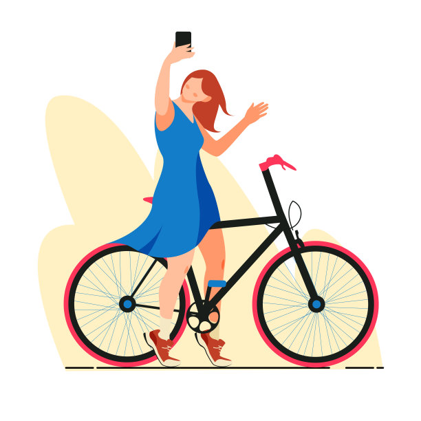 孤立在白色可爱的女人自拍骑自行车矢量插图。图片下载