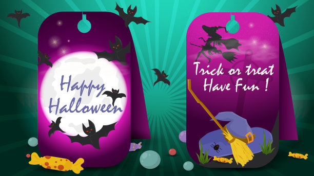 两幅横幅贴纸为装饰设计，主题为万圣节前夜万圣节之夜月亮女巫帽子和扫帚平面矢量插画图片下载