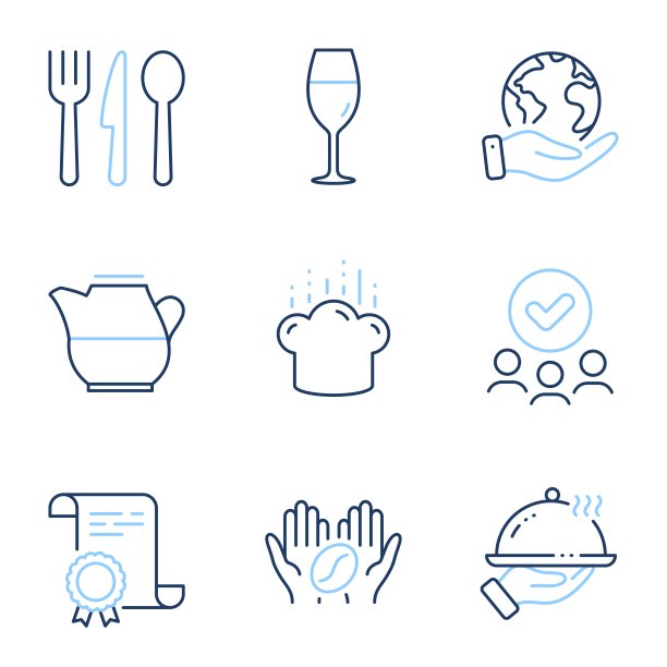 餐厅食物，烹饪帽和咖啡图标集。食物，牛奶壶和葡萄酒杯的标志。向量图片下载
